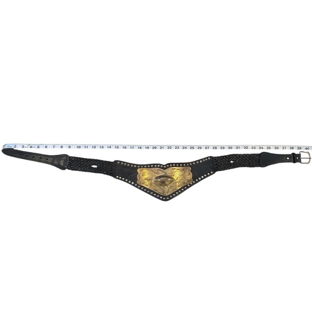 Vintage Black leather w/ Brass plate Women's Belt